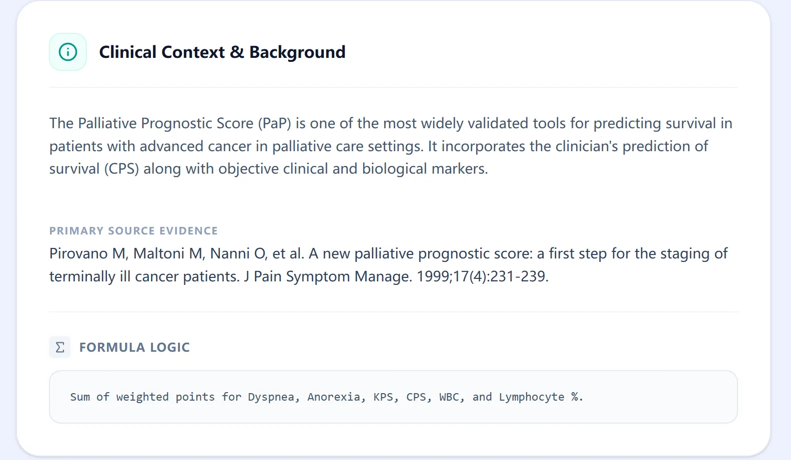 Clinical context panel summarizing development and validation.
